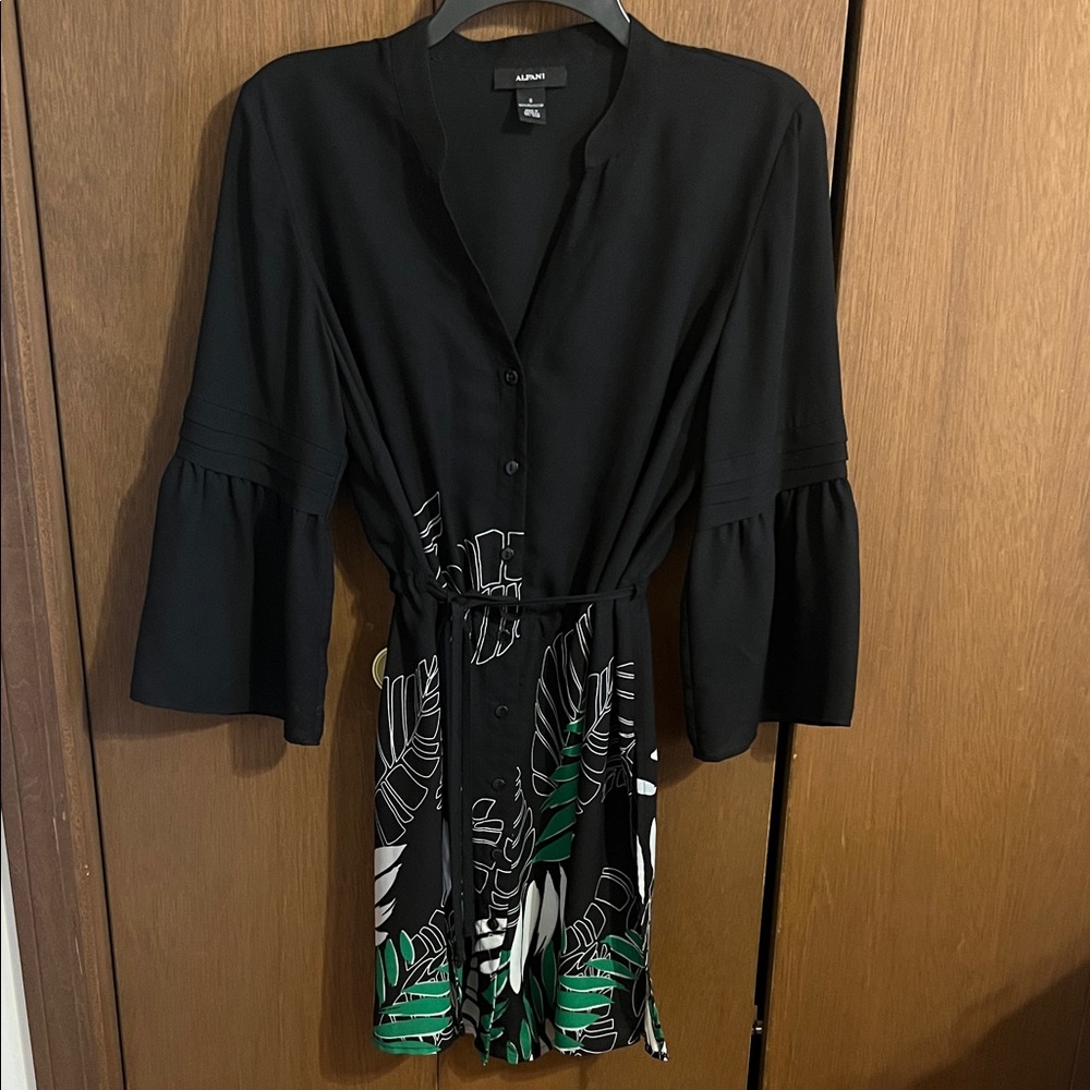 Alfani Black Dress with Green Leaf Pattern